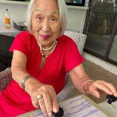 Mrs Akiko Kirkham using the Japanese typewriter on her 94th birthday
